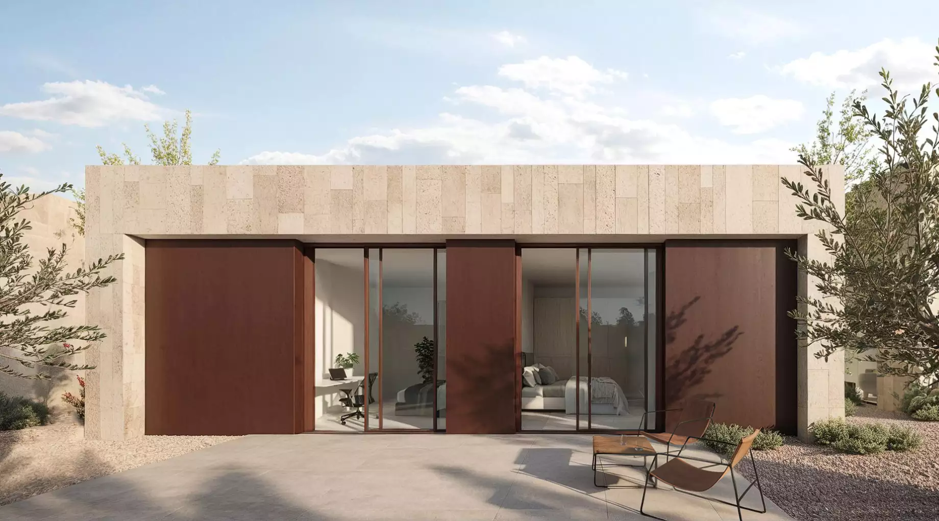 Vista general de la vivienda integrada en el paisaje mediterráneo de Monasterios | E6A
