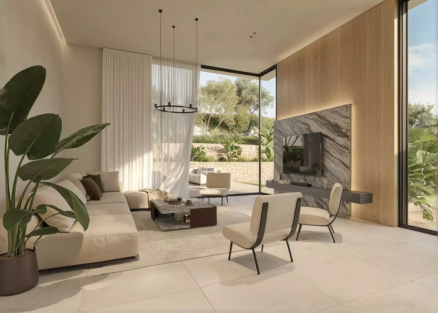 Espacio de comedor con continuidad visual hacia el jardín mediterráneo | E6A