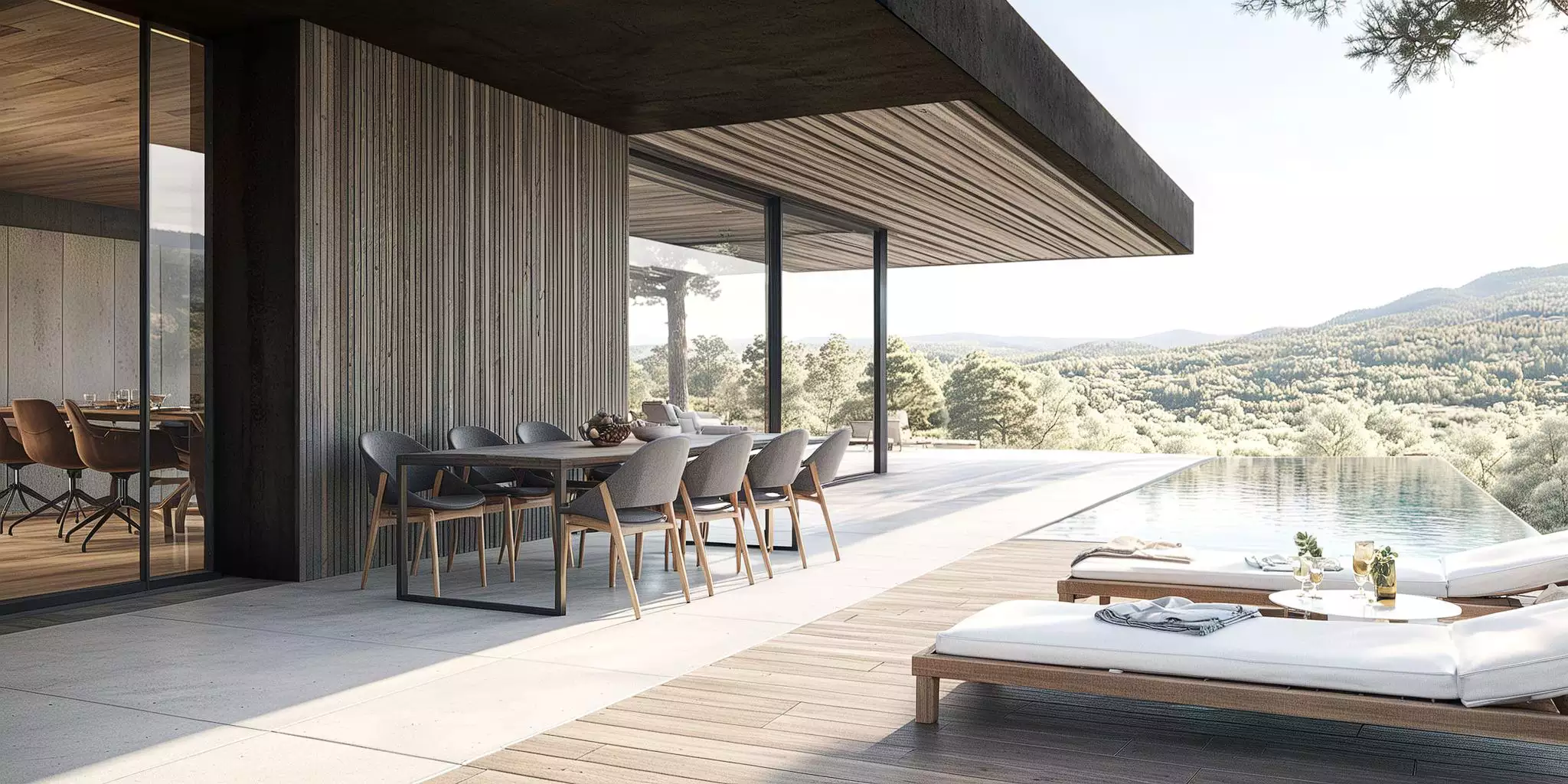 Salón elevado con ventanales de suelo a techo y vistas a la Sierra Calderona | E6A